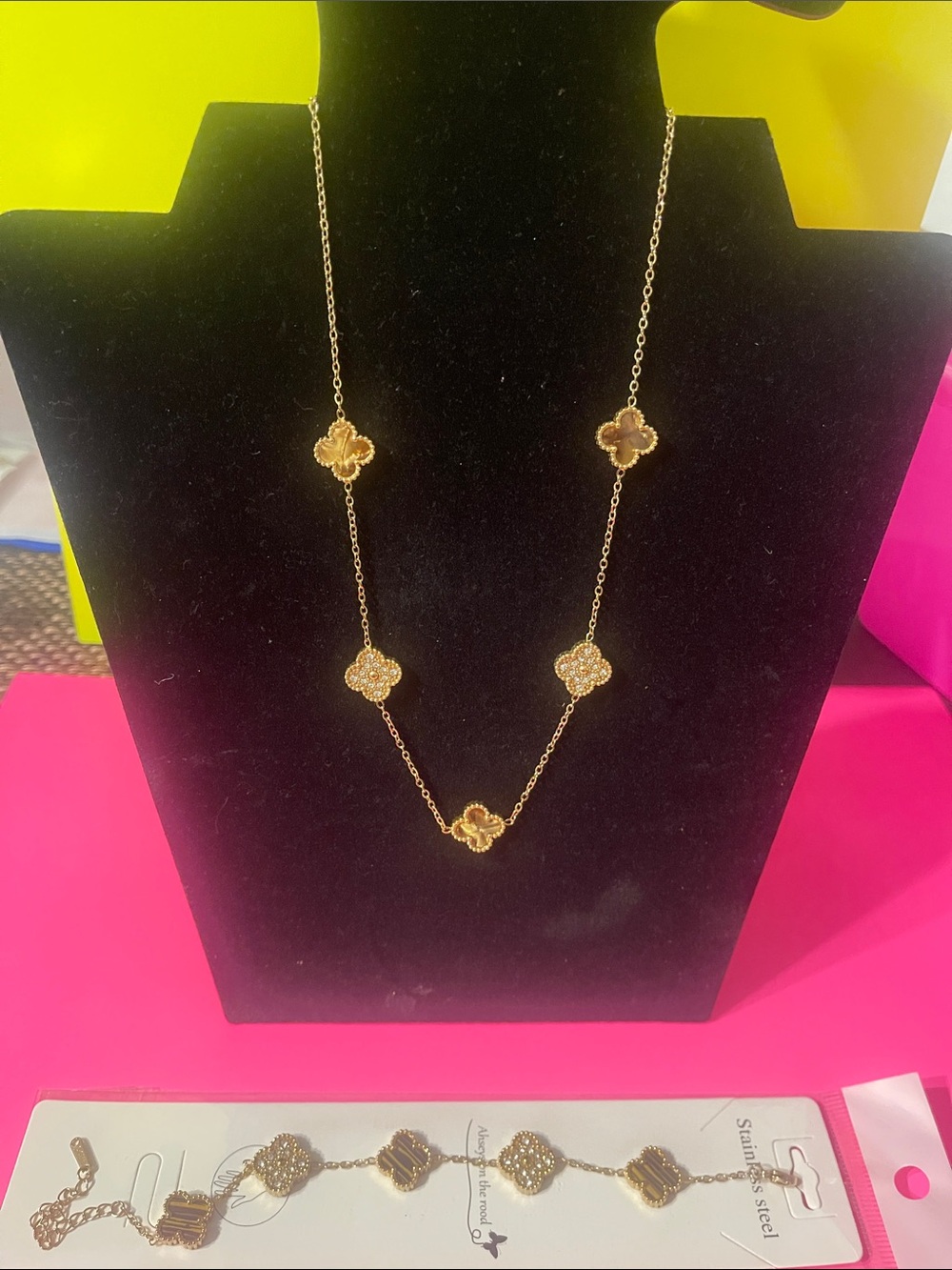 Fashion jewelry stainless steelGold Clover Station Necklace with Crystal Accents